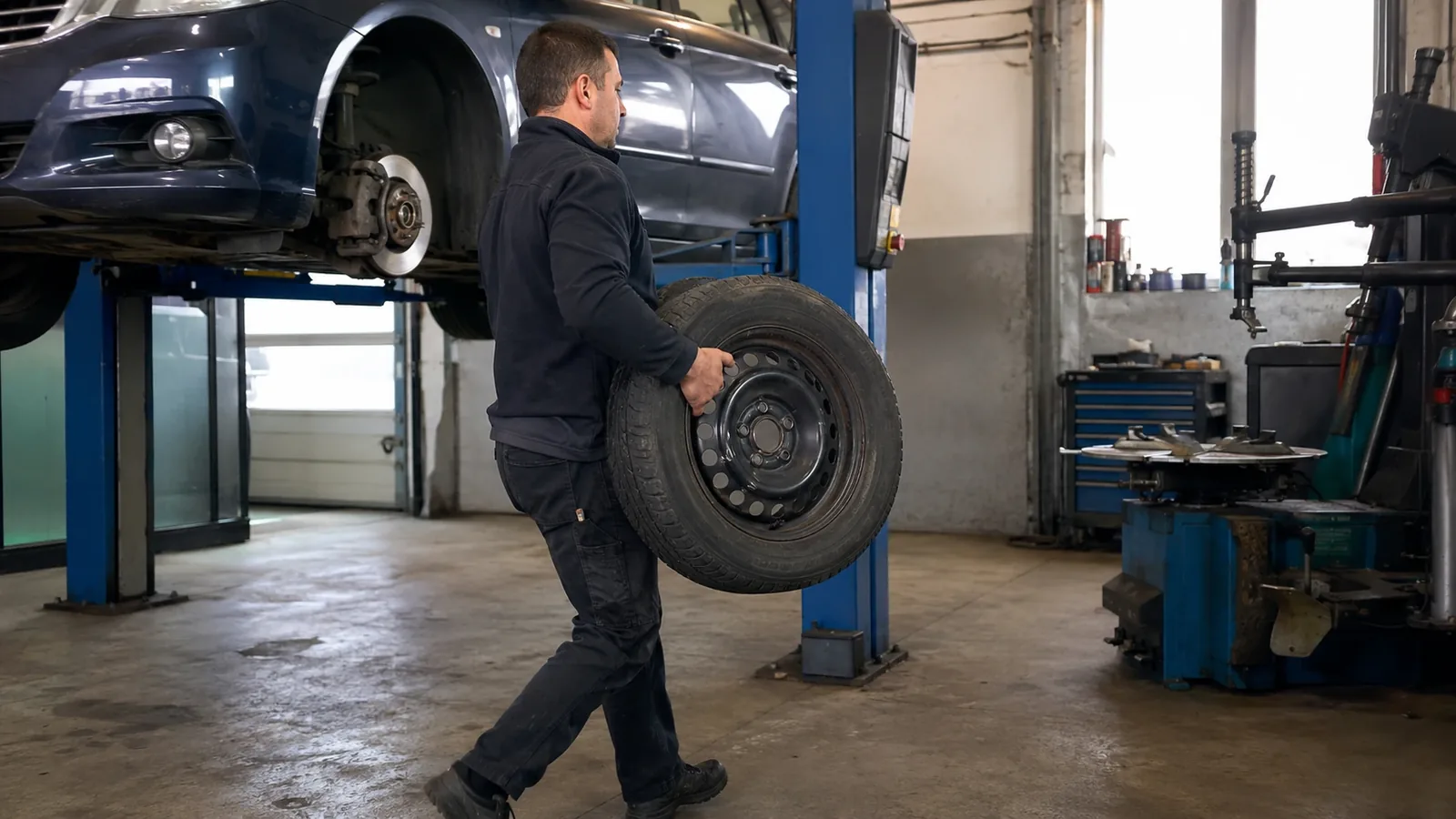 Mechanik przenosi koło podczas pracy przy samochodzie w warsztacie