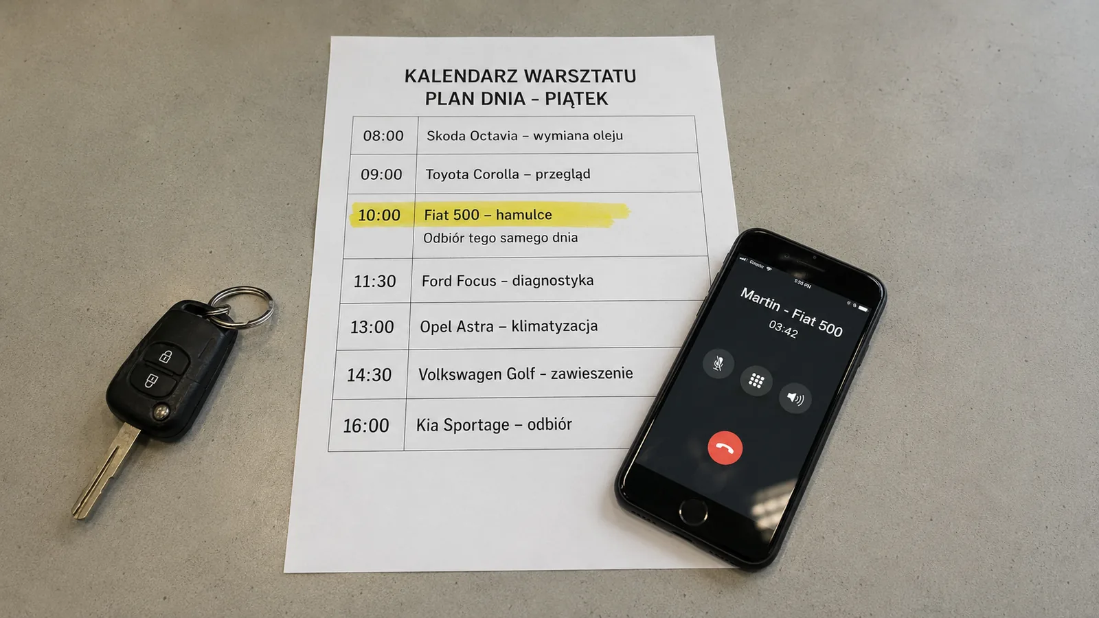Kalendarz warsztatu z zaplanowanymi wizytami i telefonem klienta
