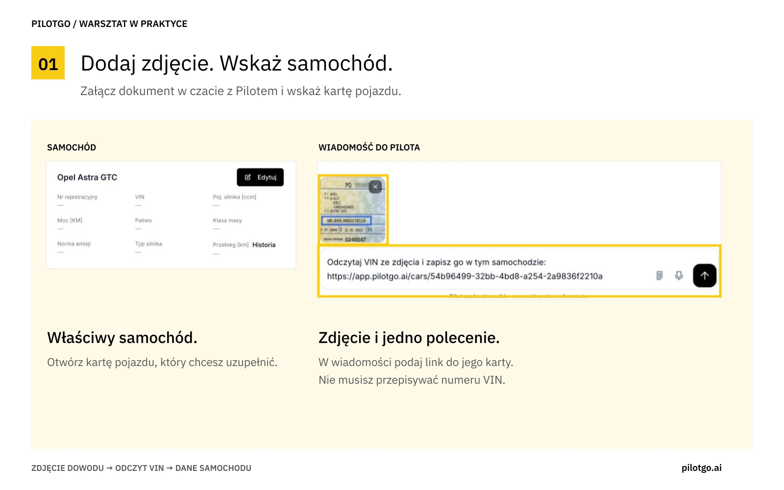 Zdjęcie dowodu dołączone do czatu z Pilotem oraz wiadomość wskazująca kartę Opla Astry GTC.