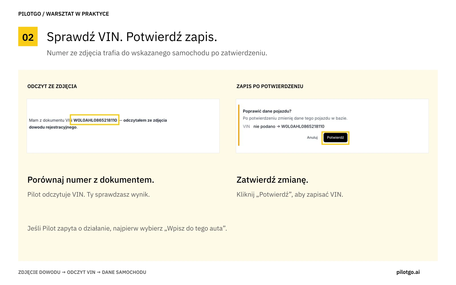 Pilot pokazuje VIN odczytany ze zdjęcia i przycisk Potwierdź przed zapisaniem zmiany.