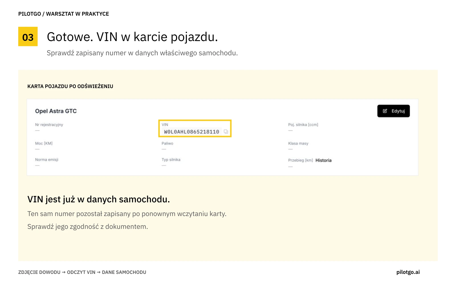 Karta Opla Astry GTC z zapisanym numerem VIN po ponownym wczytaniu strony.