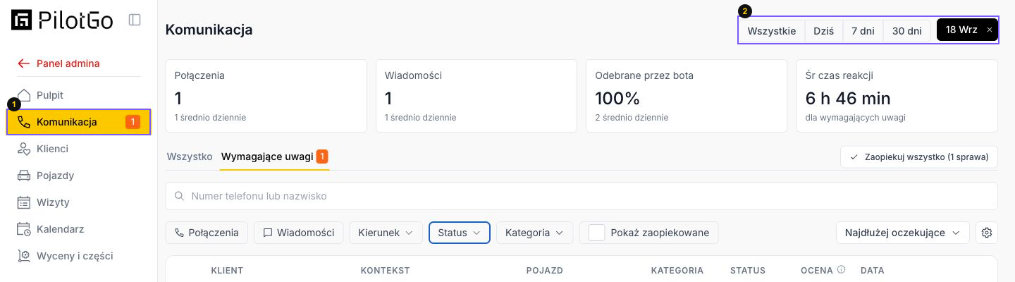 Menu PilotGo z zaznaczonym wejściem Komunikacja oraz wyborem zakresu dat.